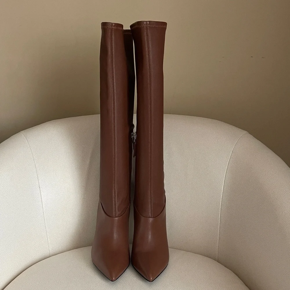 NEW REISS 20”
Carina Pointed Toe Knee High Heel Brown Leather Stiletto Boots - Picture 5 of 13